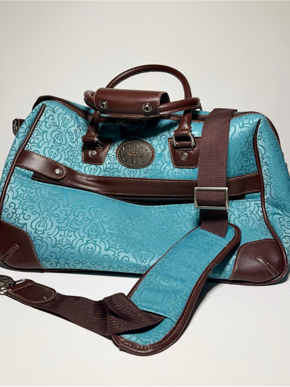 Reba Turquoise and Brown Leather Travel Duffel Bag Purse with Shoulder Strap